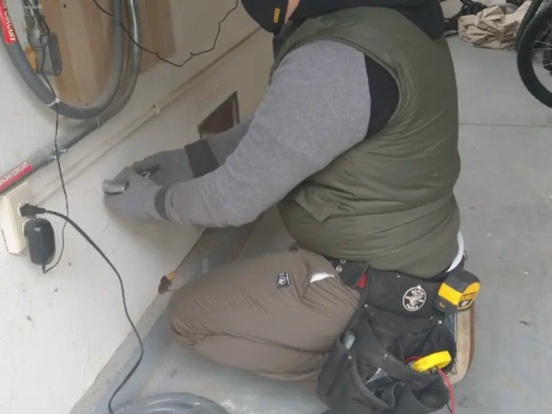 Electrician performing outlet wiring in a Fort Bliss garage